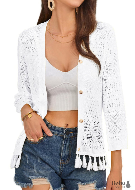 2024 Style Hollow Out Crochet Knit with Tassels White Boho