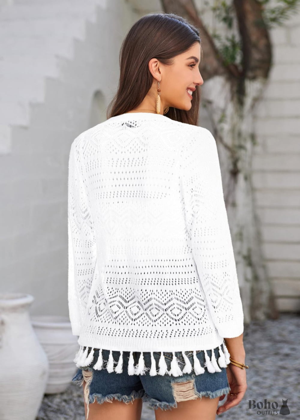 2024 Style Hollow Out Crochet Knit with Tassels White Boho