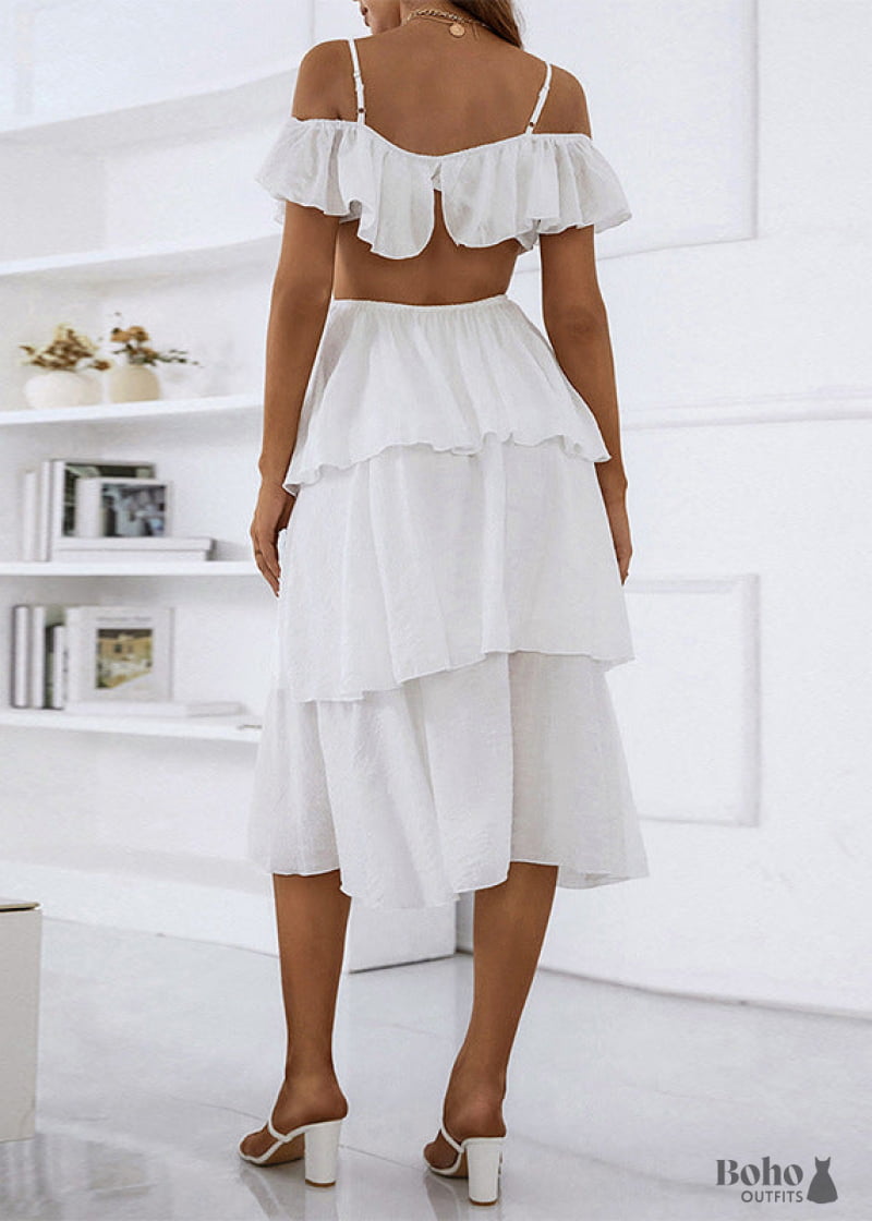 Backless White Boho Midi Dress Valeria - Clothing