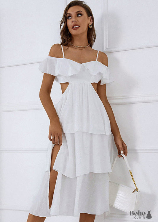 Backless White Boho Midi Dress Valeria - Clothing