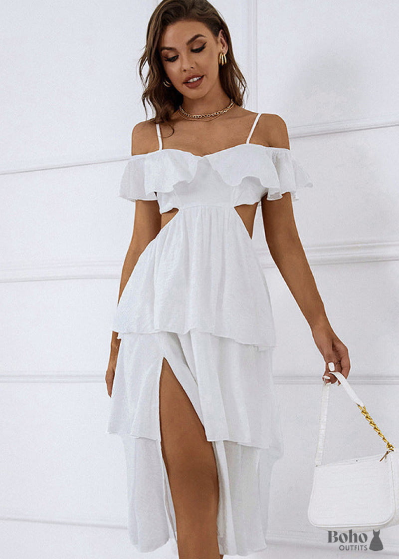 Backless White Boho Midi Dress Valeria - S / Clothing