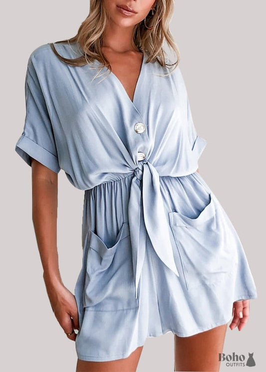 Belt V-Neck Boho Jumpsuit Collins - Blue / S - Dresses