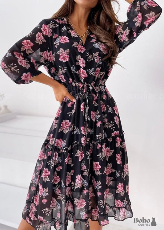 Black dress with pink flowers - Dresses