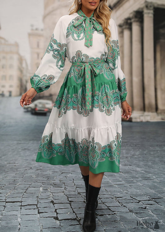 Boho Bowknot High Waist Midi Dress Margaret - S / Green