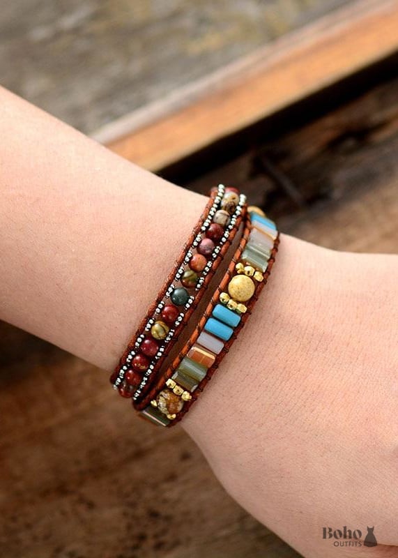 Boho Bracelet 2 Layers Leather Wrap Crystal Brown Stone -