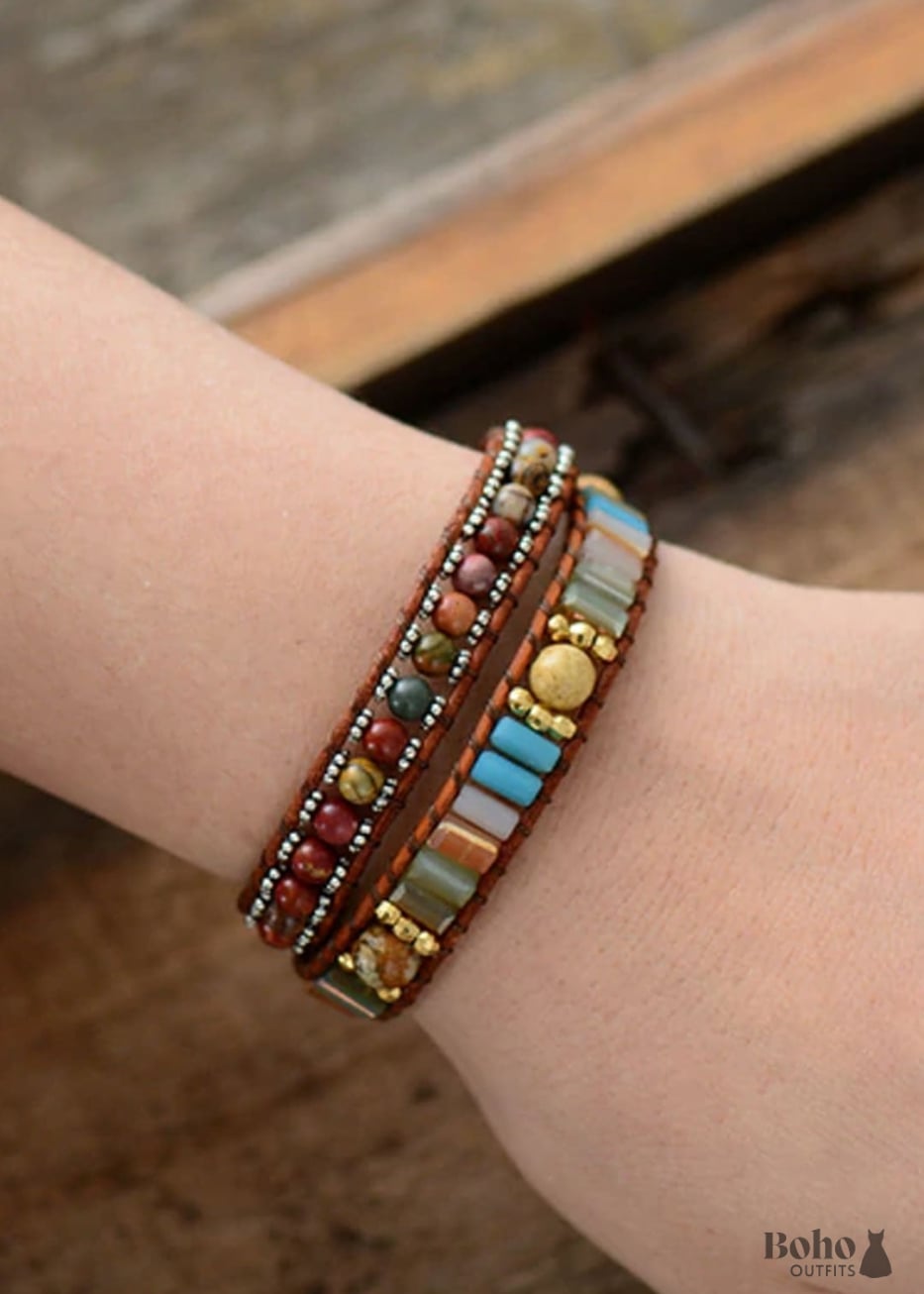 Boho Bracelet 2 Layers Leather Wrap Crystal Brown Stone -