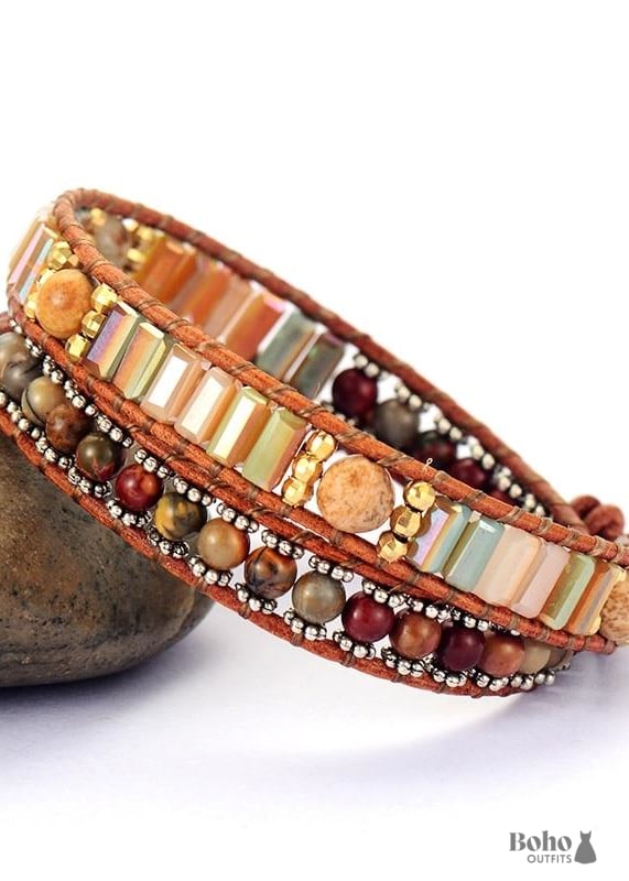 Boho Bracelet 2 Layers Leather Wrap Crystal Brown Stone -