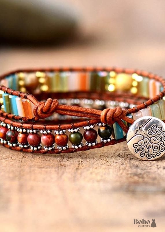 Boho Bracelet 2 Layers Leather Wrap Crystal Brown Stone -