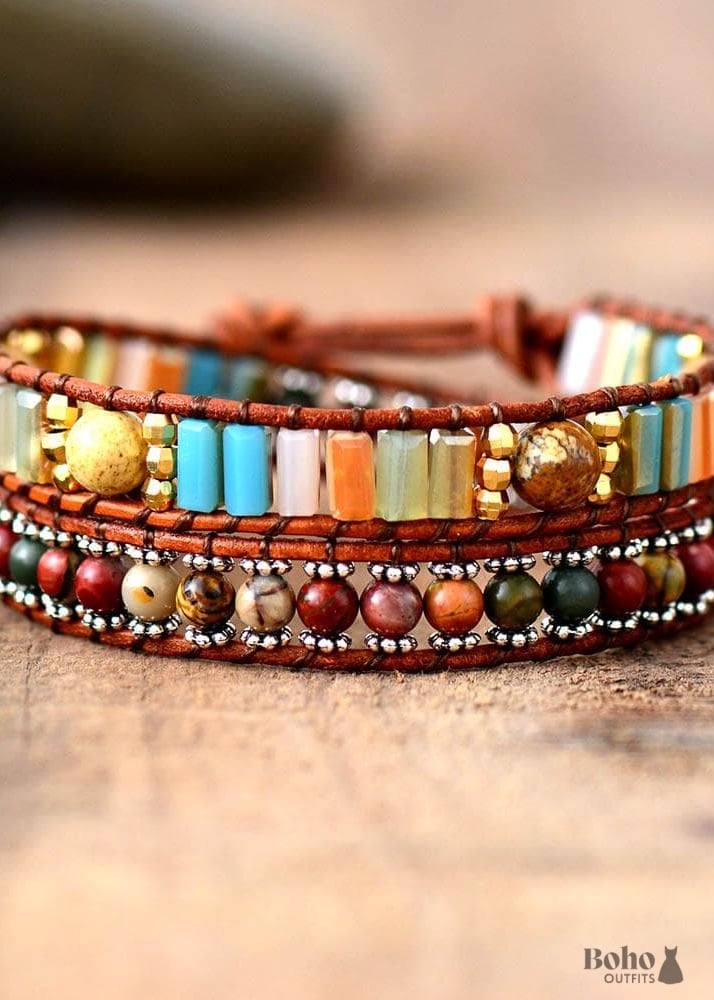 Boho Bracelet 2 Layers Leather Wrap Crystal Brown Stone -