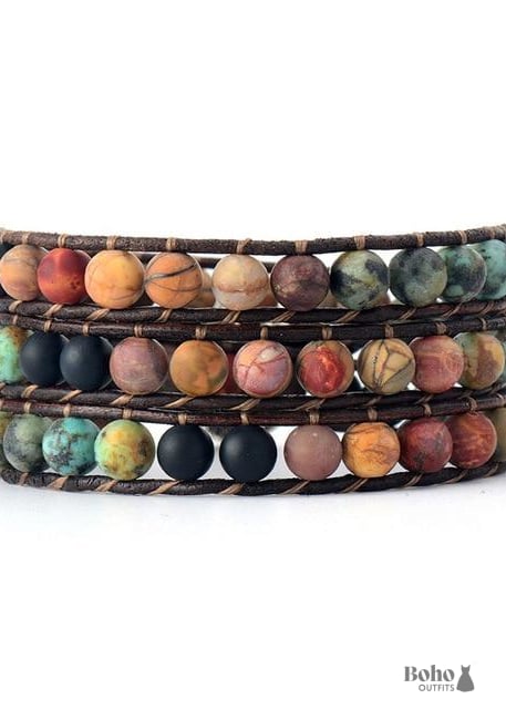 Boho Bracelet 3 Layers Leather Wrap 6 mm Stones - Genuine -