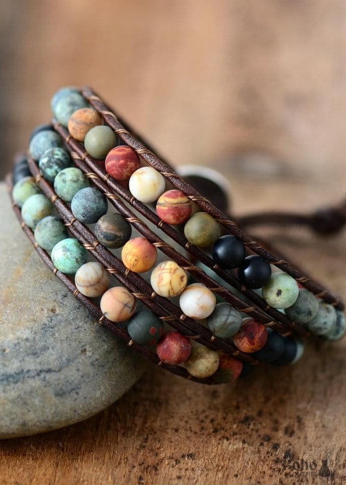 Boho Bracelet 3 Layers Leather Wrap 6 mm Stones - Jewelry