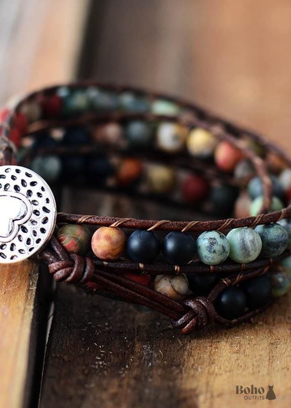 Boho Bracelet 3 Layers Leather Wrap 6 mm Stones - Jewelry