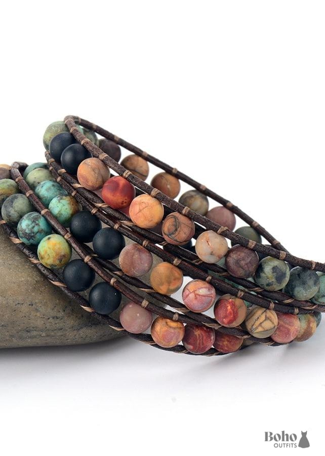 Boho Bracelet 3 Layers Leather Wrap 6 mm Stones - Jewelry