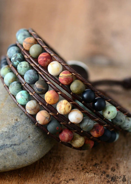 Boho Bracelet 3 Layers Leather Wrap 6 mm Stones - Jewelry