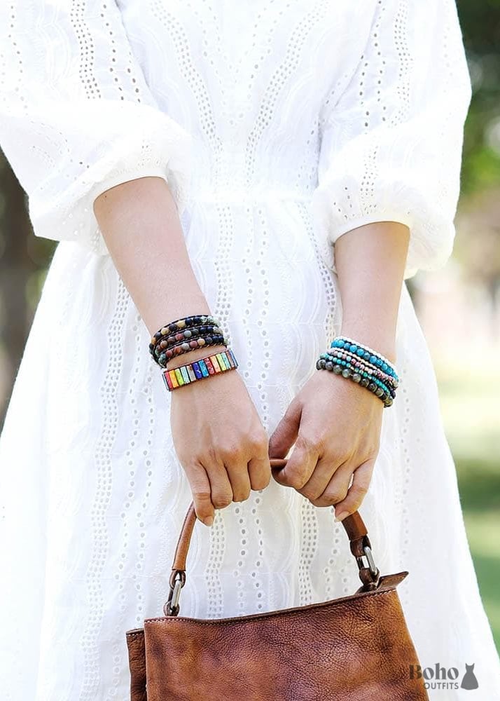 Boho Bracelet 3 Layers Leather Wrap 6 mm Stones - Jewelry