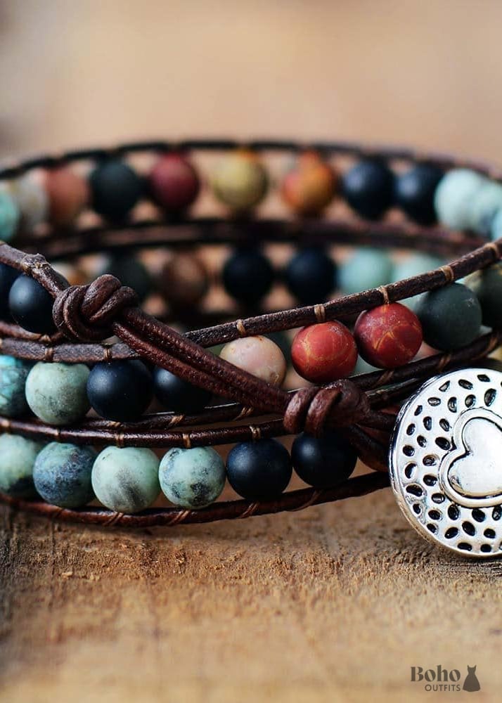 Boho Bracelet 3 Layers Leather Wrap 6 mm Stones - Jewelry