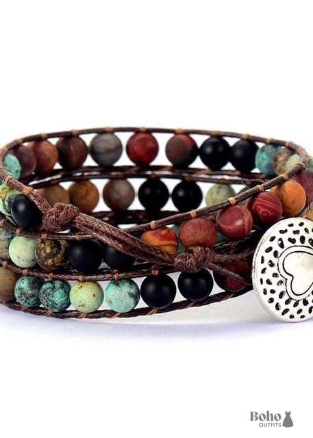 Boho Bracelet 3 Layers Leather Wrap 6 mm Stones -