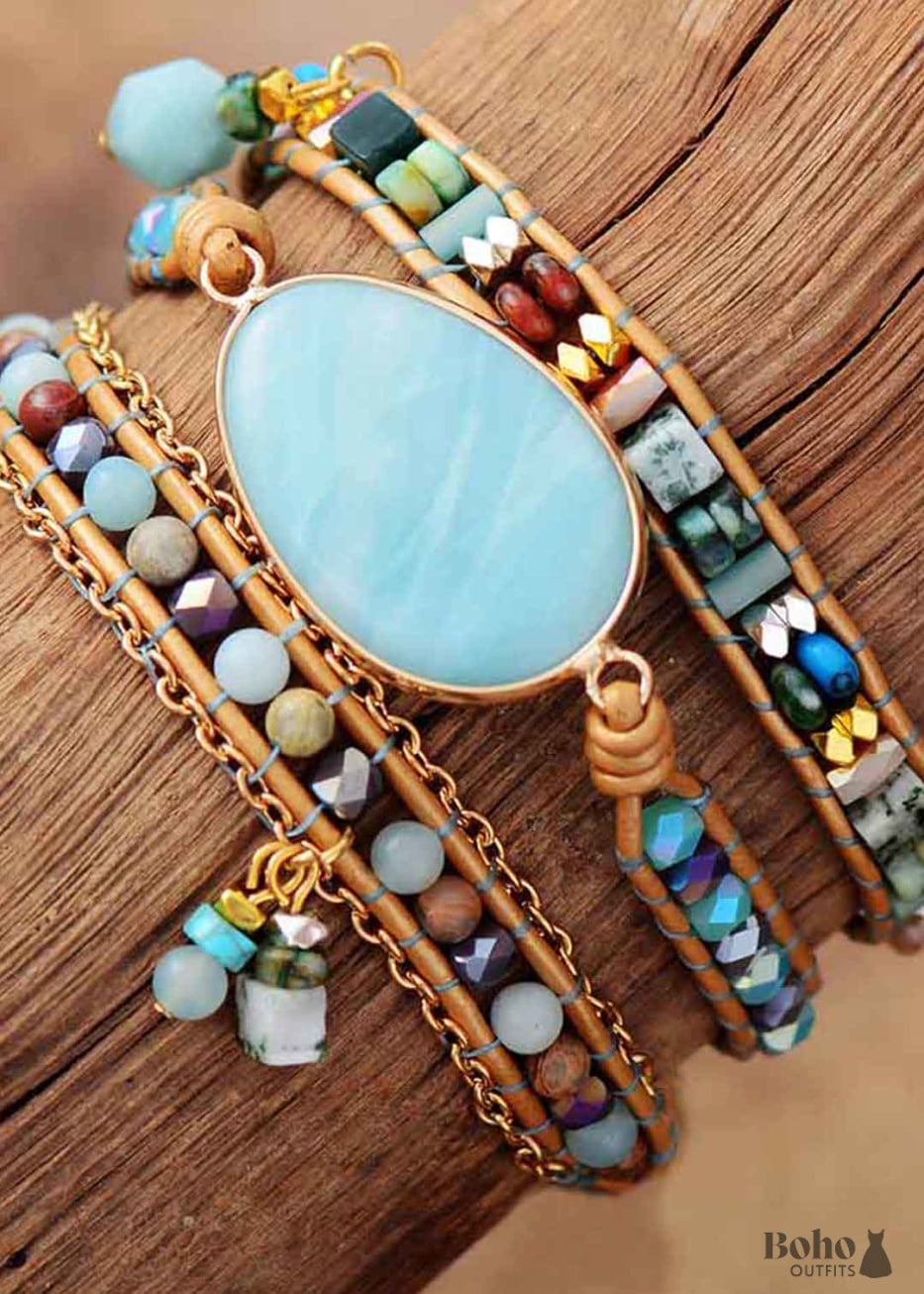 Boho Bracelet 3 Layers Leather Wrap Ava Amazonite Beaded -