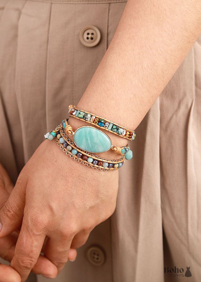 Boho Bracelet 3 Layers Leather Wrap Ava Amazonite Beaded -