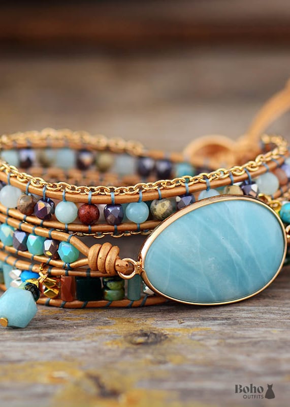 Boho Bracelet 3 Layers Leather Wrap Ava Amazonite Beaded -