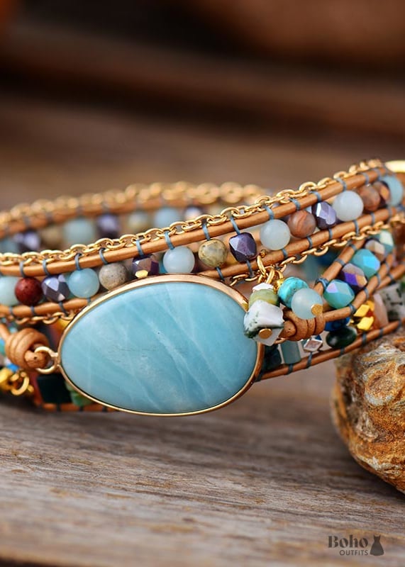 Boho Bracelet 3 Layers Leather Wrap Ava Amazonite Beaded -