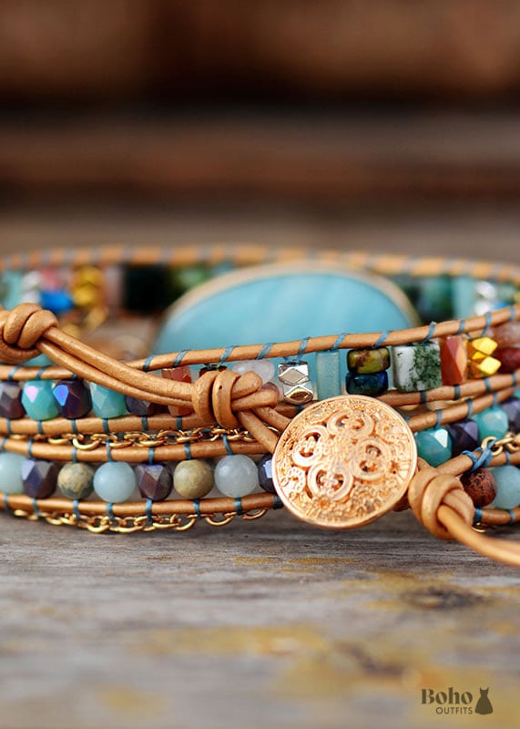 Boho Bracelet 3 Layers Leather Wrap Ava Amazonite Beaded -