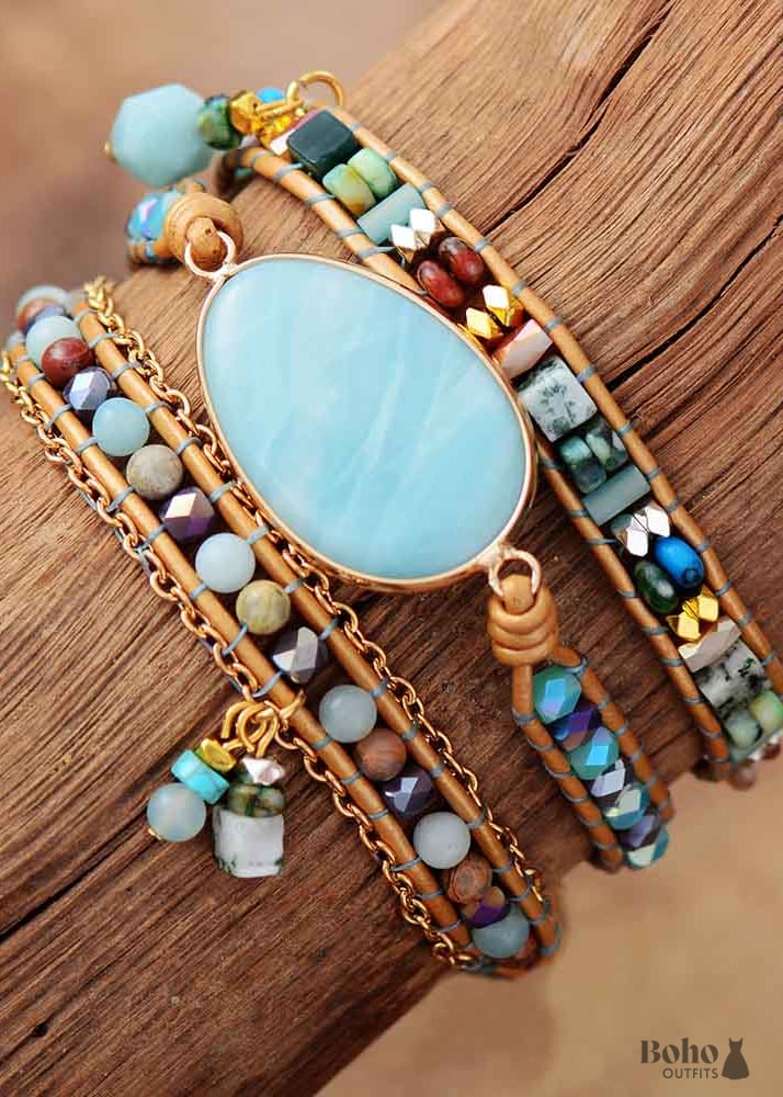 Boho Bracelet 3 Layers Leather Wrap Ava Amazonite Beaded -