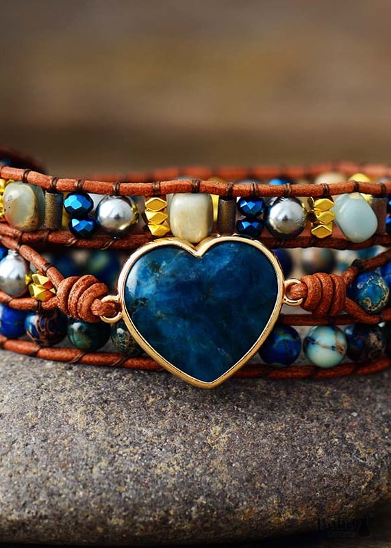 Boho Bracelet 3 Layers Leather Wrap Jasper Apatite Heart -