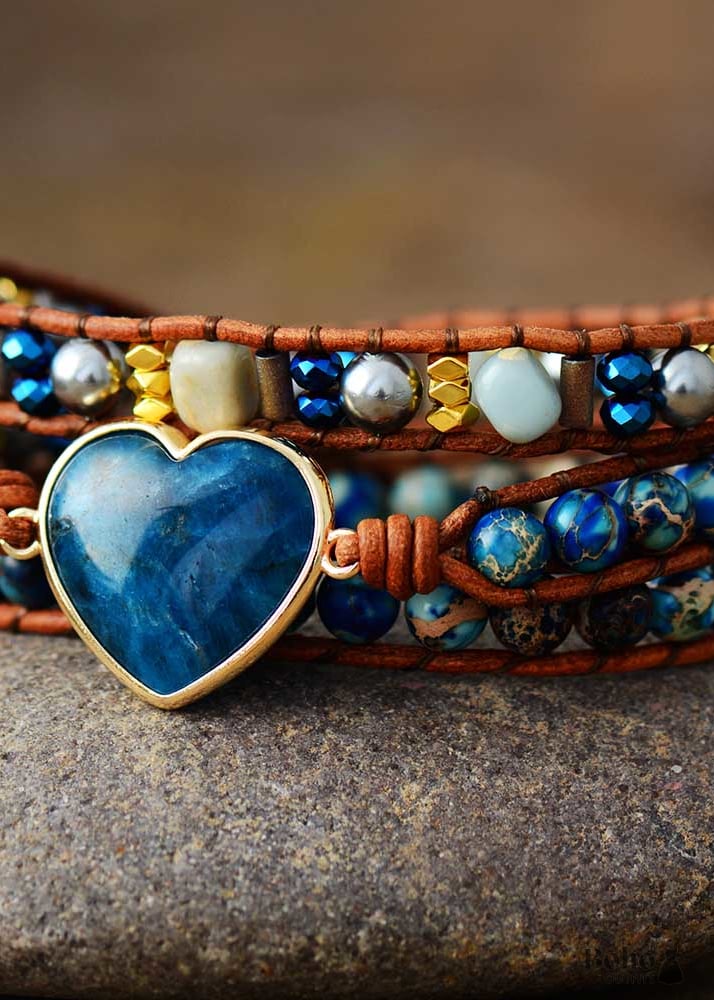 Boho Bracelet 3 Layers Leather Wrap Jasper Apatite Heart -