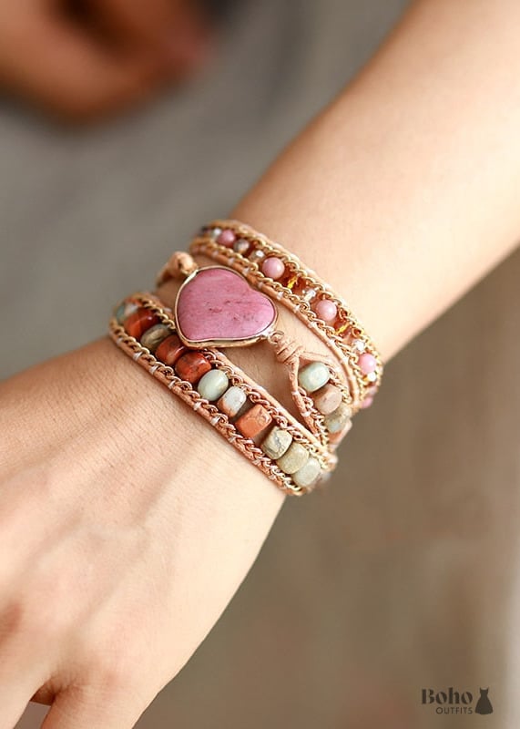 Boho Bracelet 3 Layers Leather Wrap Jasper Rhodonite Heart -