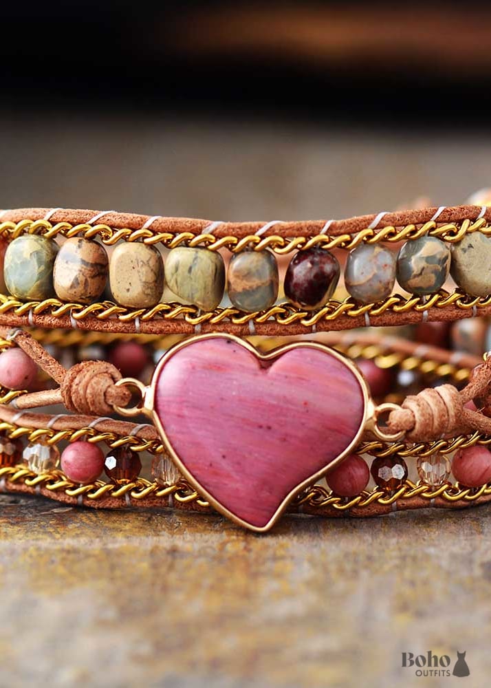 Boho Bracelet 3 Layers Leather Wrap Jasper Rhodonite Heart -