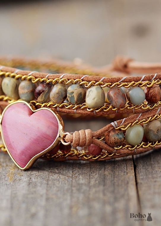 Boho Bracelet 3 Layers Leather Wrap Jasper Rhodonite Heart -