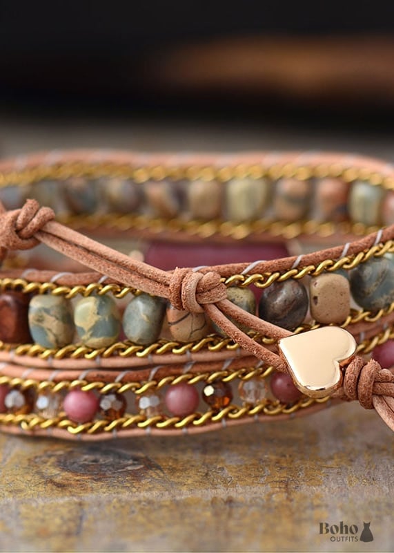 Boho Bracelet 3 Layers Leather Wrap Jasper Rhodonite Heart -