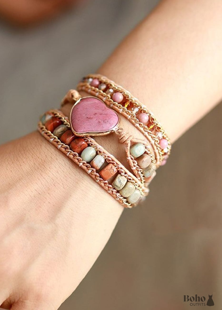 Boho Bracelet 3 Layers Leather Wrap Jasper Rhodonite Heart -