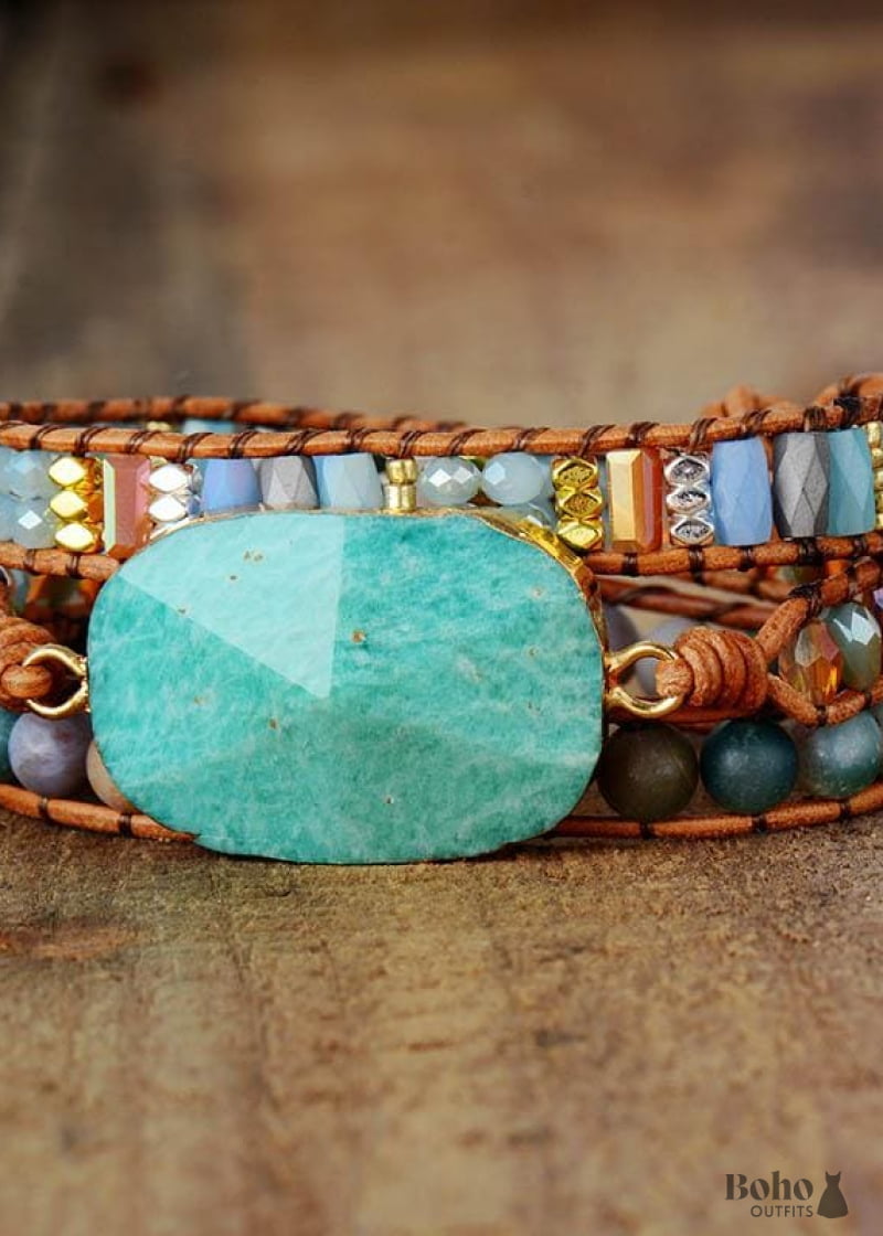 Boho Bracelet 3 Layers Leather Wrap Natural Blue Stone