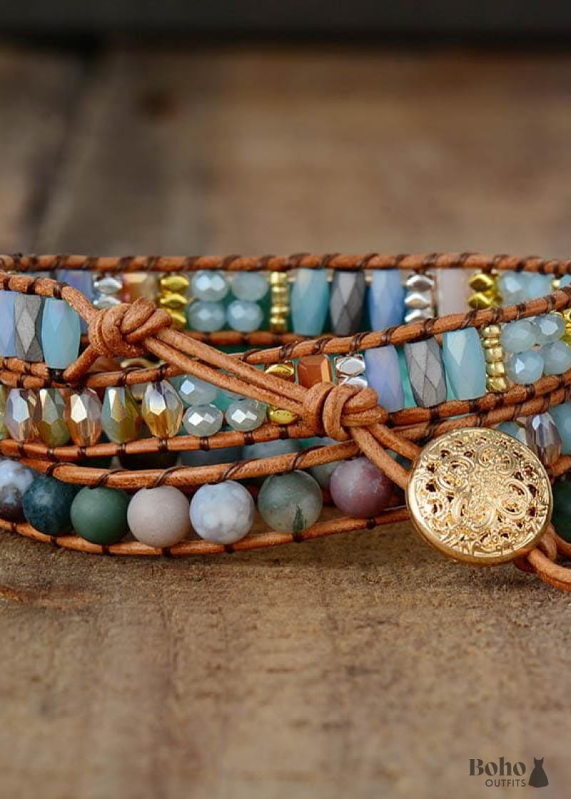 Boho Bracelet 3 Layers Leather Wrap Natural Blue Stone