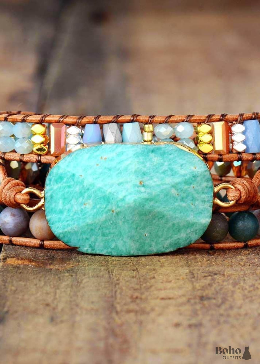 Boho Bracelet 3 Layers Leather Wrap Natural Blue Stone