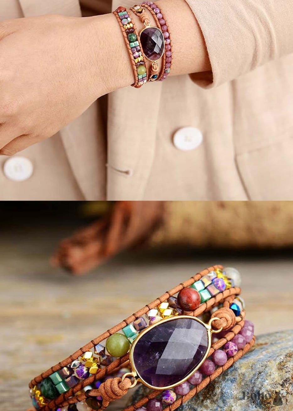 Boho Bracelet 3 Layers Leather Wrap Natural Stone Purple