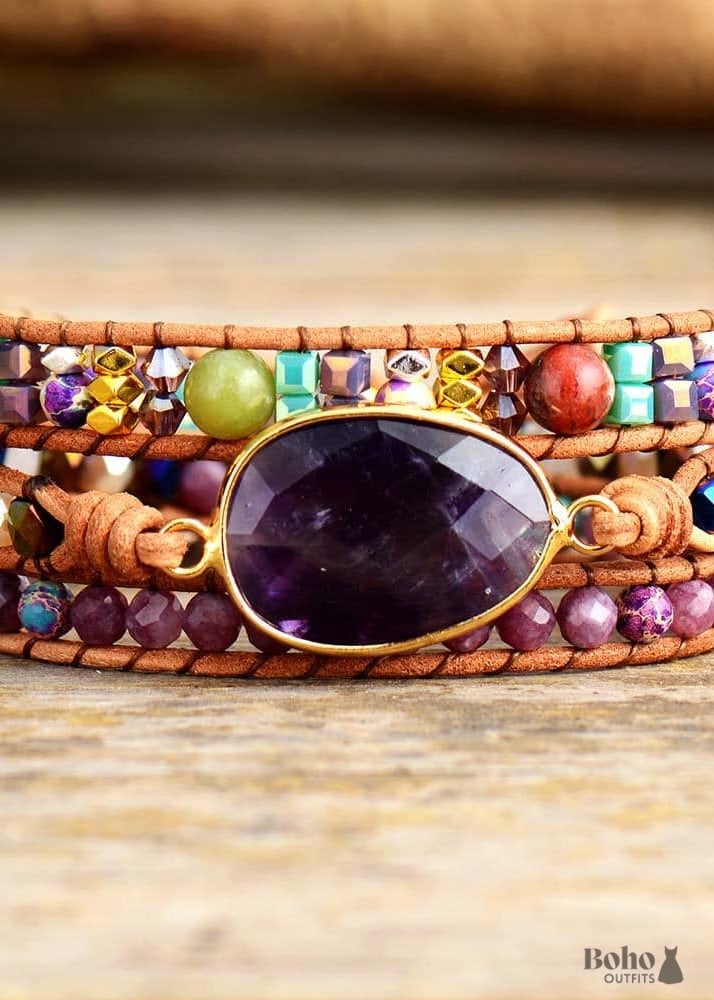 Boho Bracelet 3 Layers Leather Wrap Natural Stone Purple