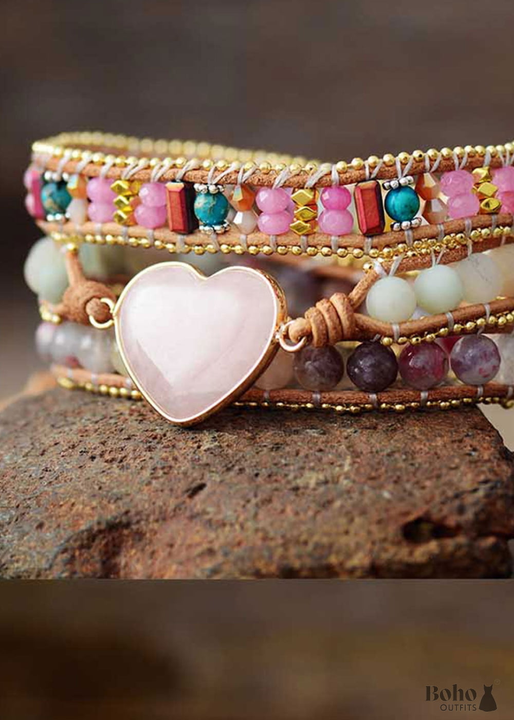 Boho Bracelet 3 Layers Leather Wrap Tourmaline Rose Heart