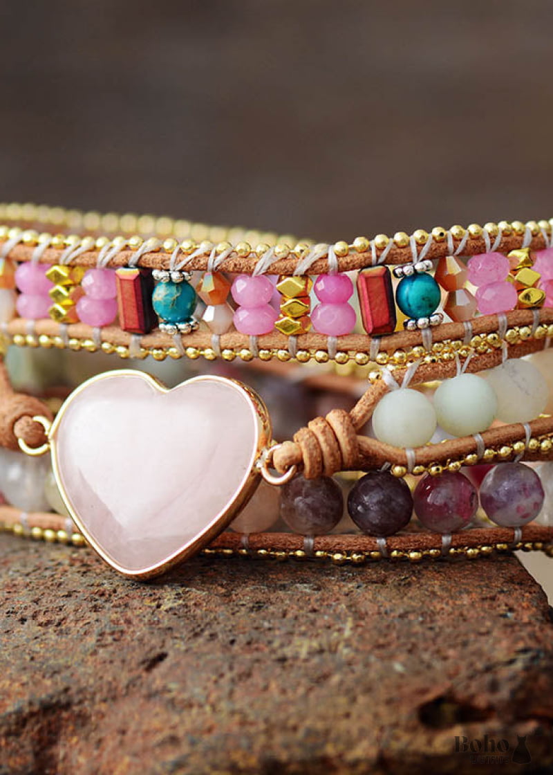 Boho Bracelet 3 Layers Leather Wrap Tourmaline Rose Heart