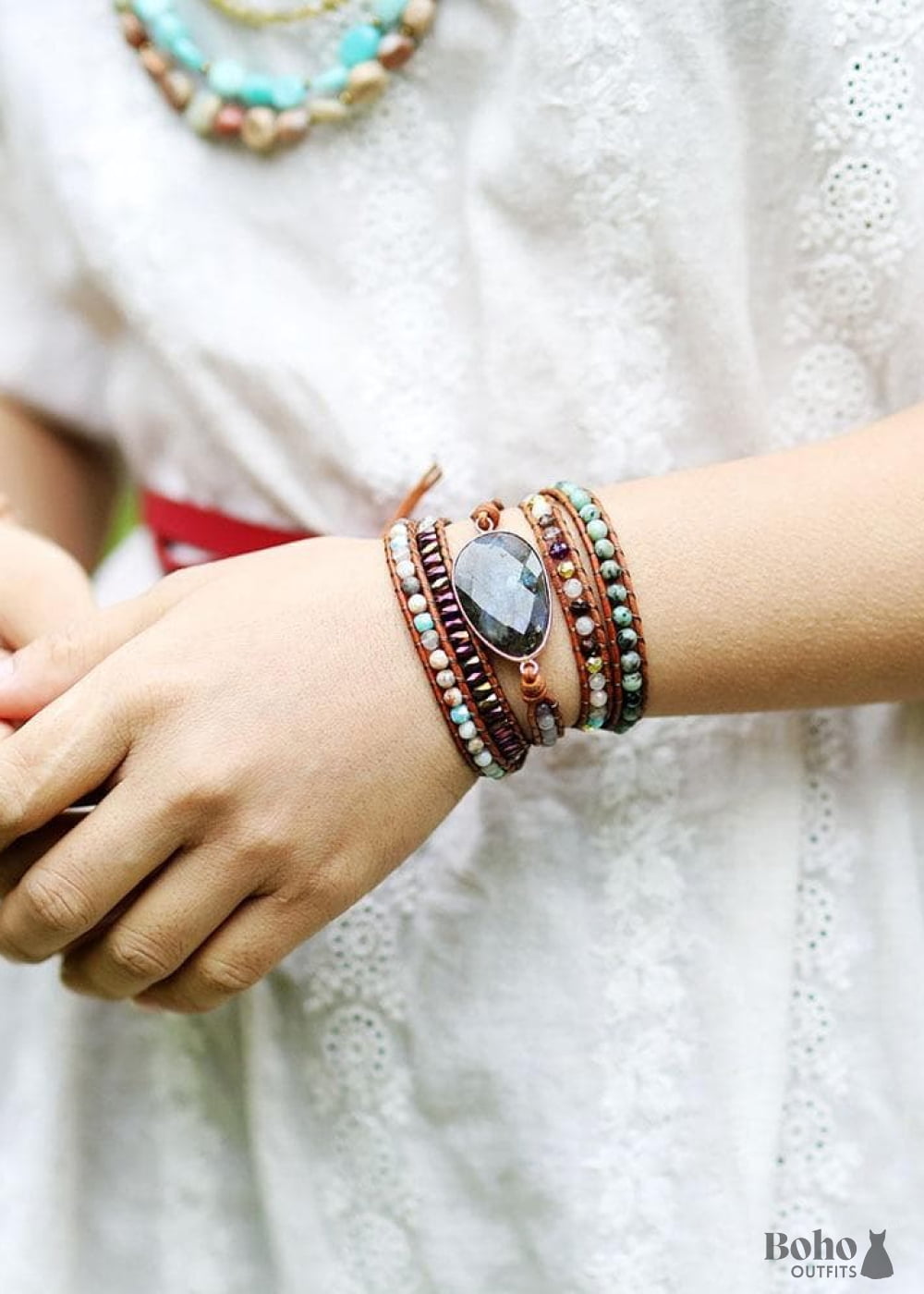 Boho Bracelet 5 Layers Leather Wrap Black Onyx - Jewelry