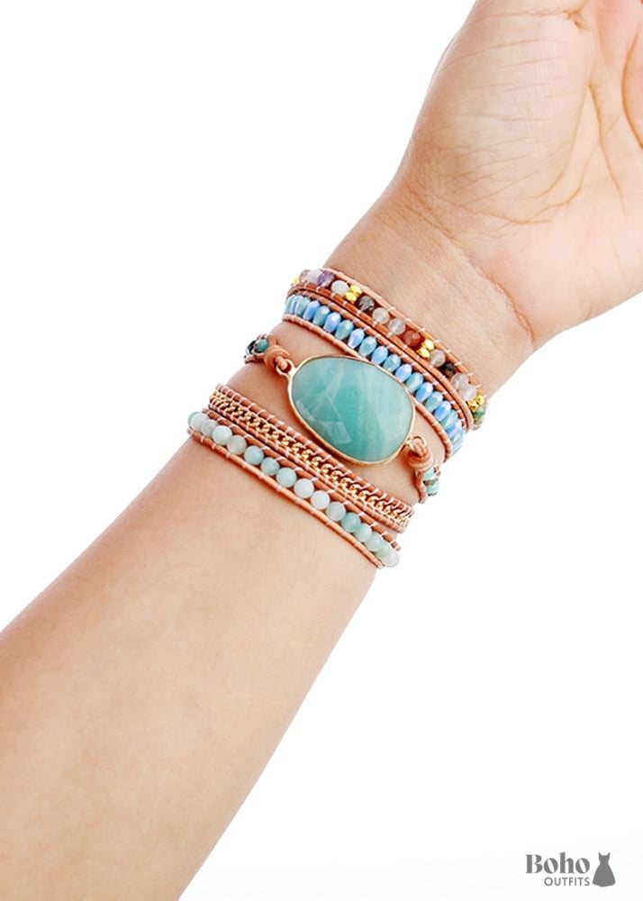 Boho Bracelet 5 Layers Leather Wrap Handmade Natural Blue