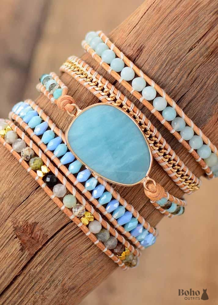 Boho Bracelet 5 Layers Leather Wrap Handmade Natural Blue