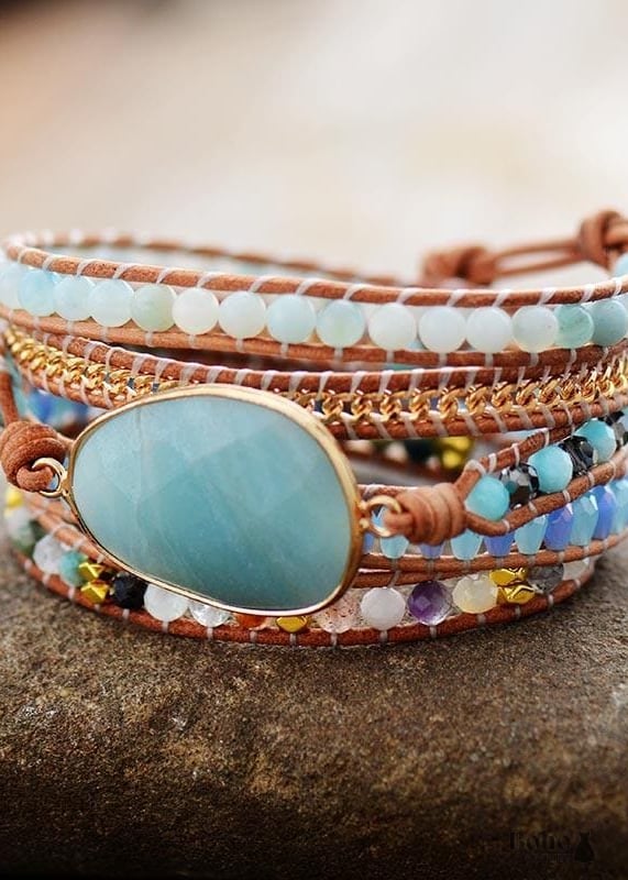 Boho Bracelet 5 Layers Leather Wrap Handmade Natural Blue