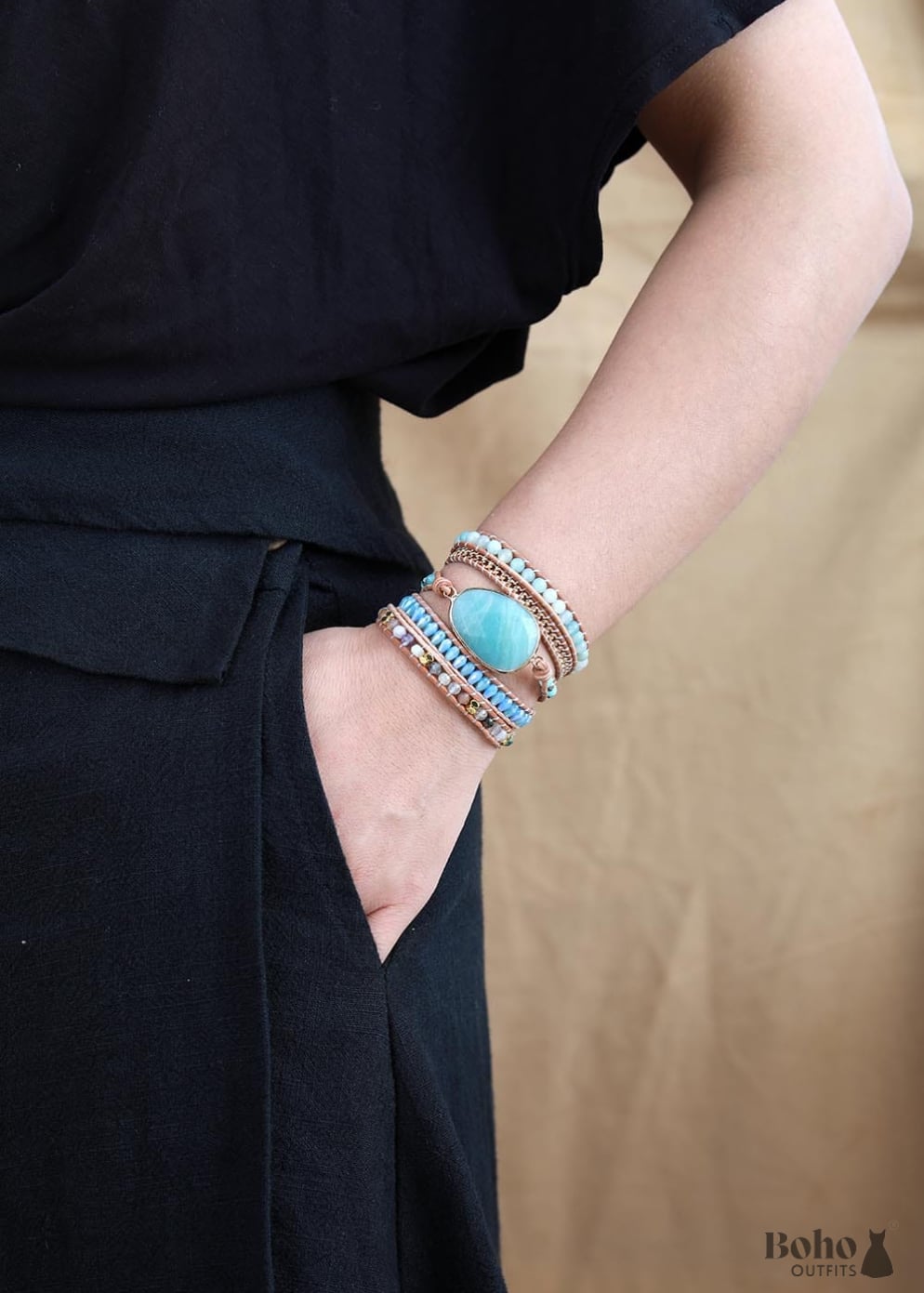 Boho Bracelet 5 Layers Leather Wrap Handmade Natural Blue