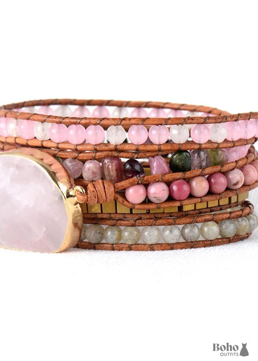 Boho Bracelet 5 Layers Leather Wrap Natural Stone Pink