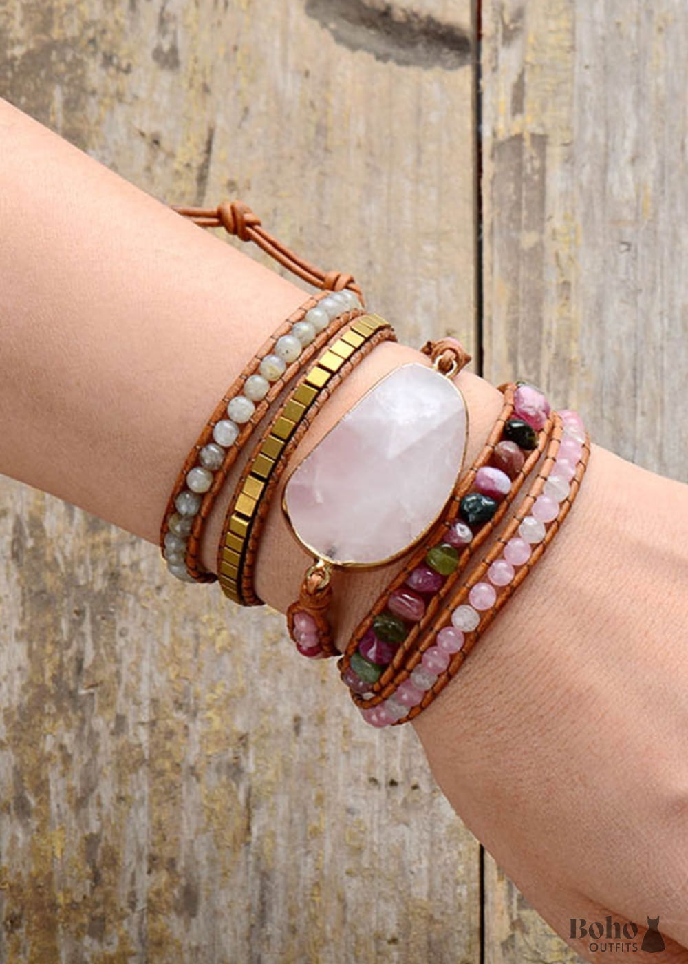 Boho Bracelet 5 Layers Leather Wrap Natural Stone Pink