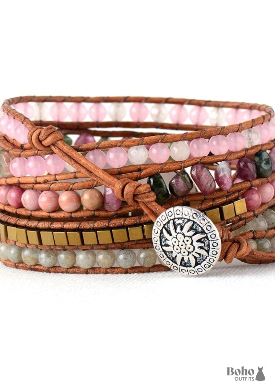 Boho Bracelet 5 Layers Leather Wrap Natural Stone Pink