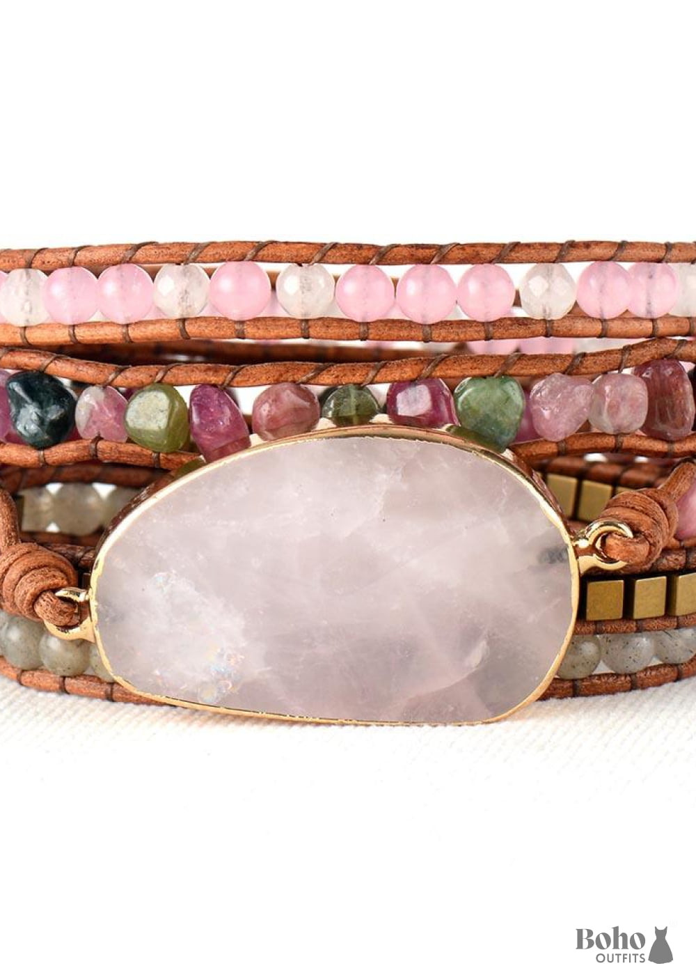 Boho Bracelet 5 Layers Leather Wrap Natural Stone Pink